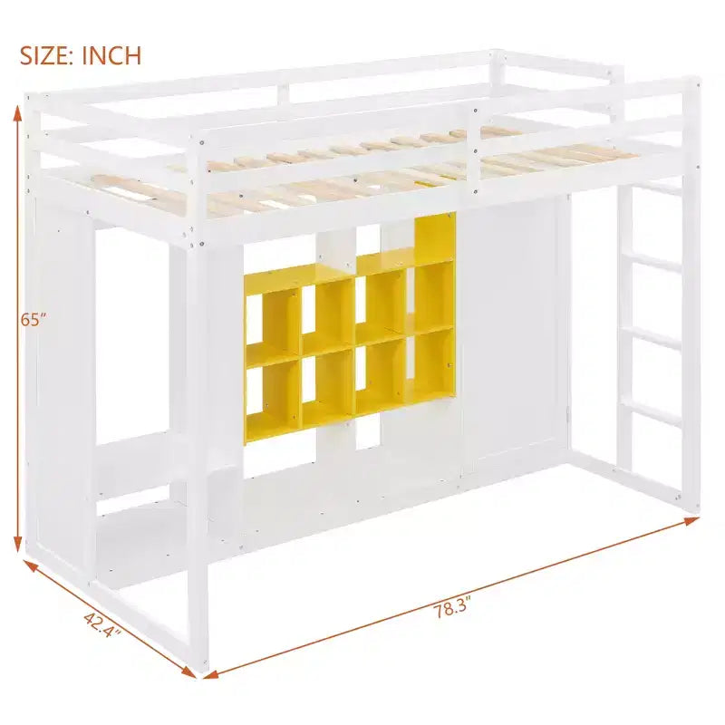 Lit mezzanine en bois avec armoire, étagères et placard