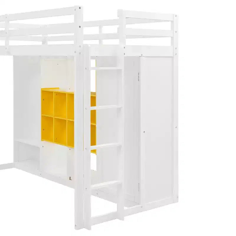 Lit mezzanine en bois avec armoire, étagères et placard