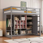 Lit mezzanine en bois avec armoire, étagères et placard