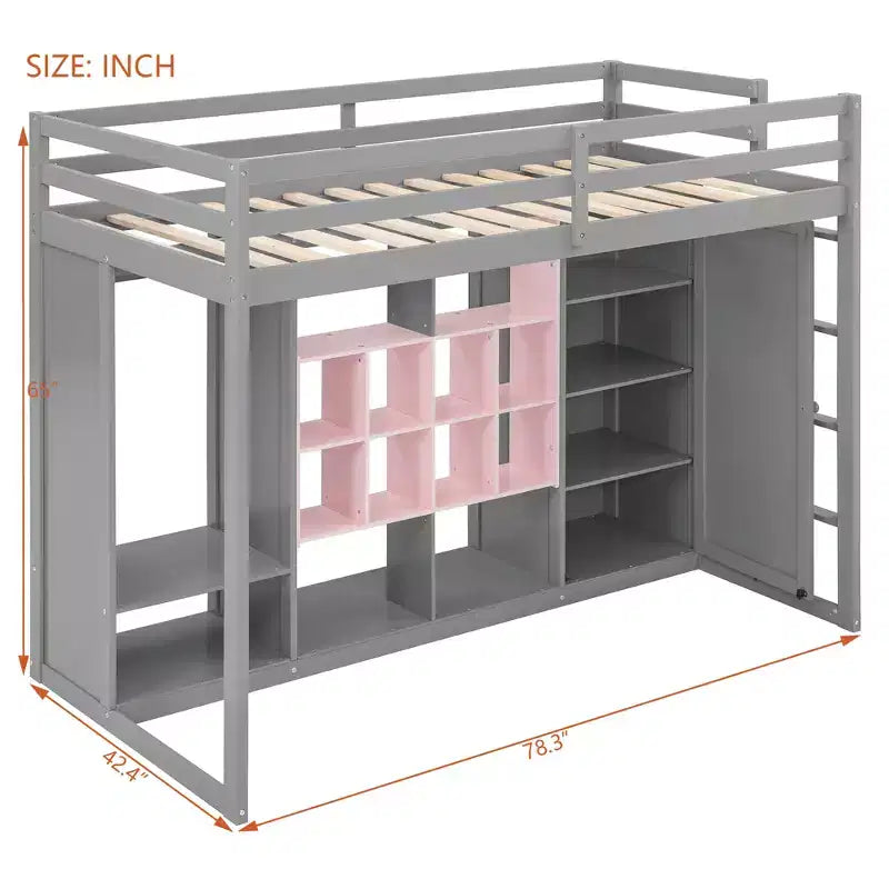 Lit mezzanine en bois avec armoire, étagères et placard