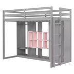 Lit mezzanine en bois avec armoire, étagères et placard