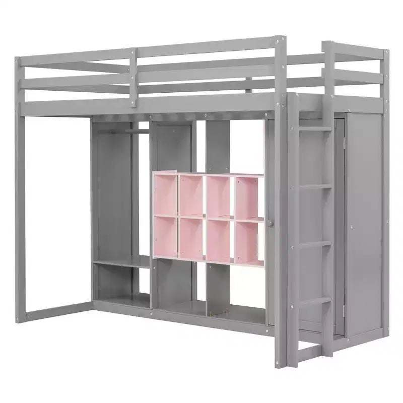 Lit mezzanine en bois avec armoire, étagères et placard