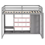 Lit mezzanine en bois avec armoire, étagères et placard
