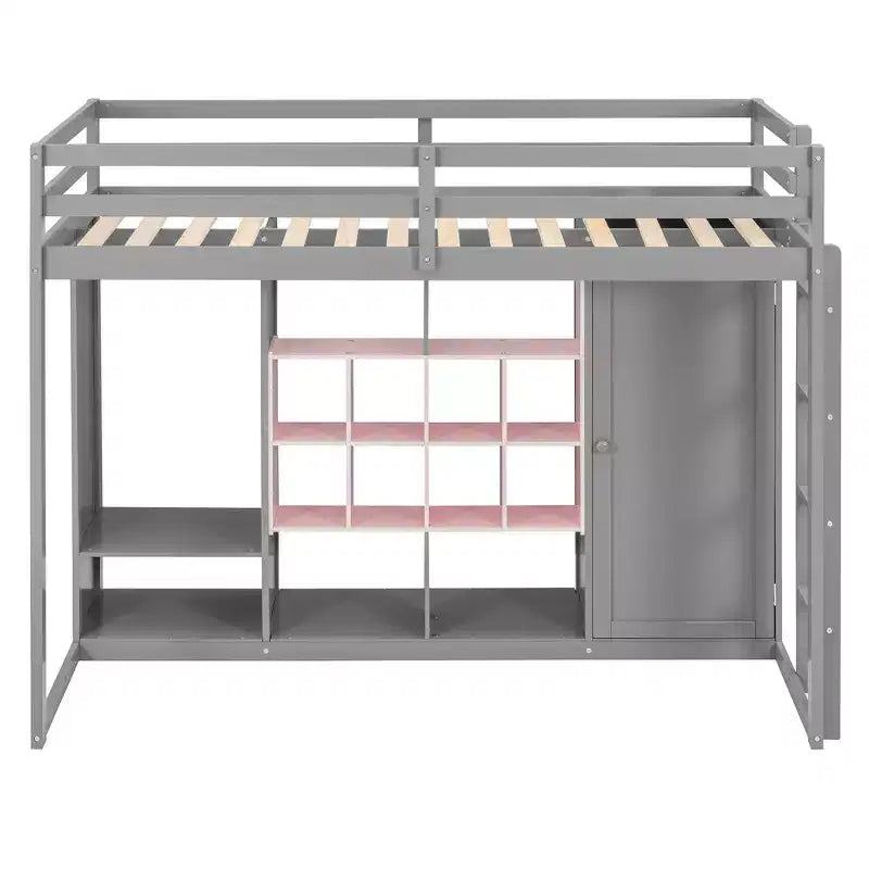 Lit mezzanine en bois avec armoire, étagères et placard