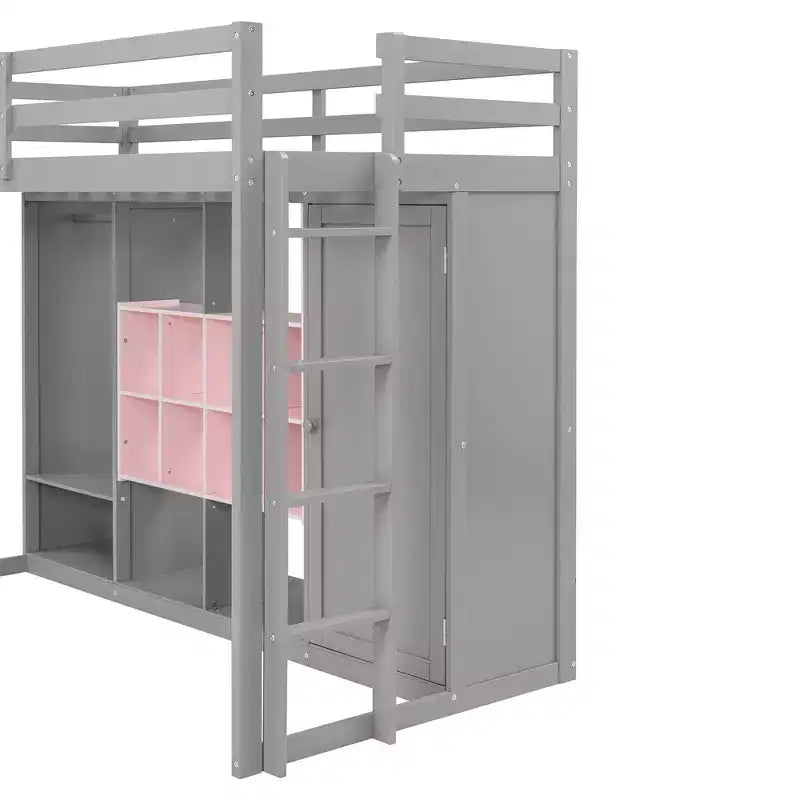 Lit mezzanine en bois avec armoire, étagères et placard