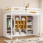 Lit mezzanine en bois avec armoire, étagères et placard