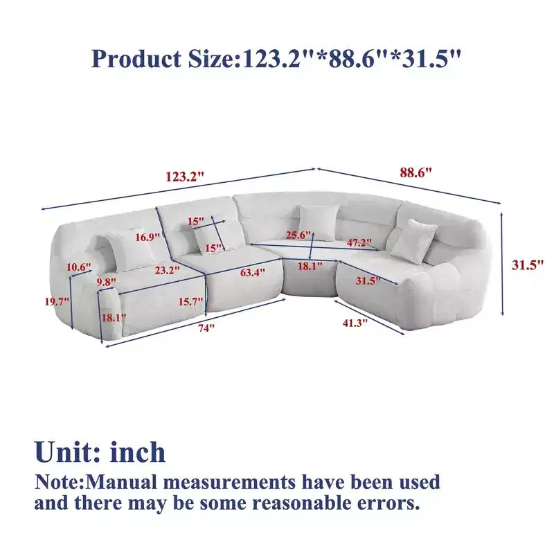 Canapé d'angle nuage en chenille de 3,13 m, canapé incurvé de luxe moderne avec 4 oreillers