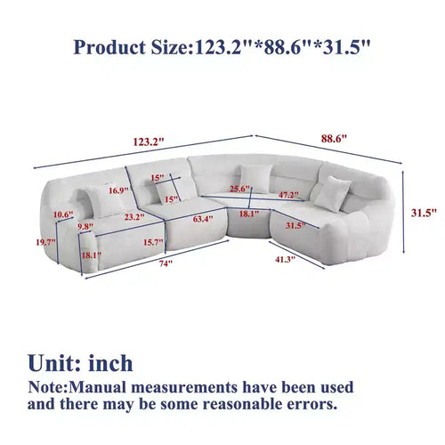 Canapé d'angle nuage en chenille de 3,13 m, canapé incurvé de luxe moderne avec 4 oreillers