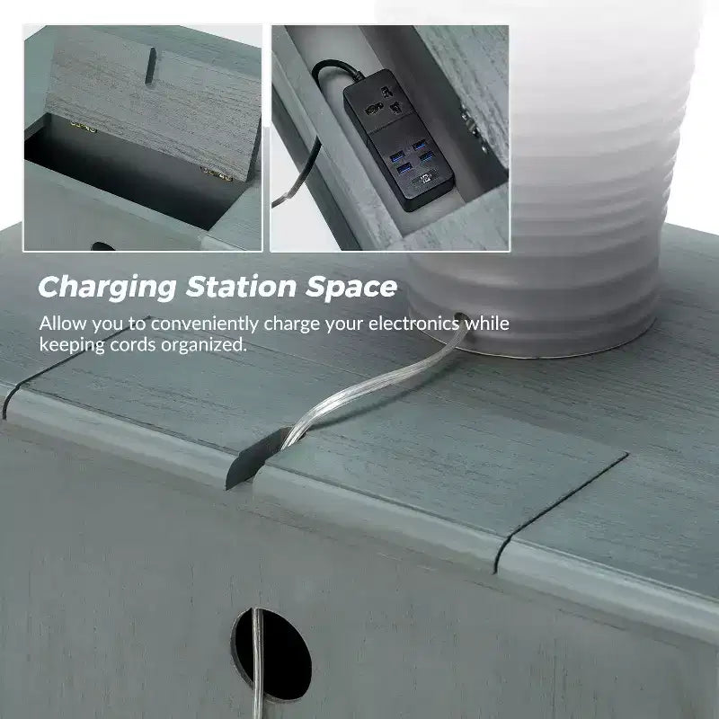 Table d'appoint à 2 tiroirs de 24 po avec station de recharge, bleue