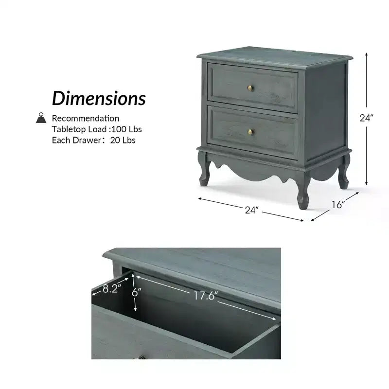Table d'appoint à 2 tiroirs de 24 po avec station de recharge, bleue