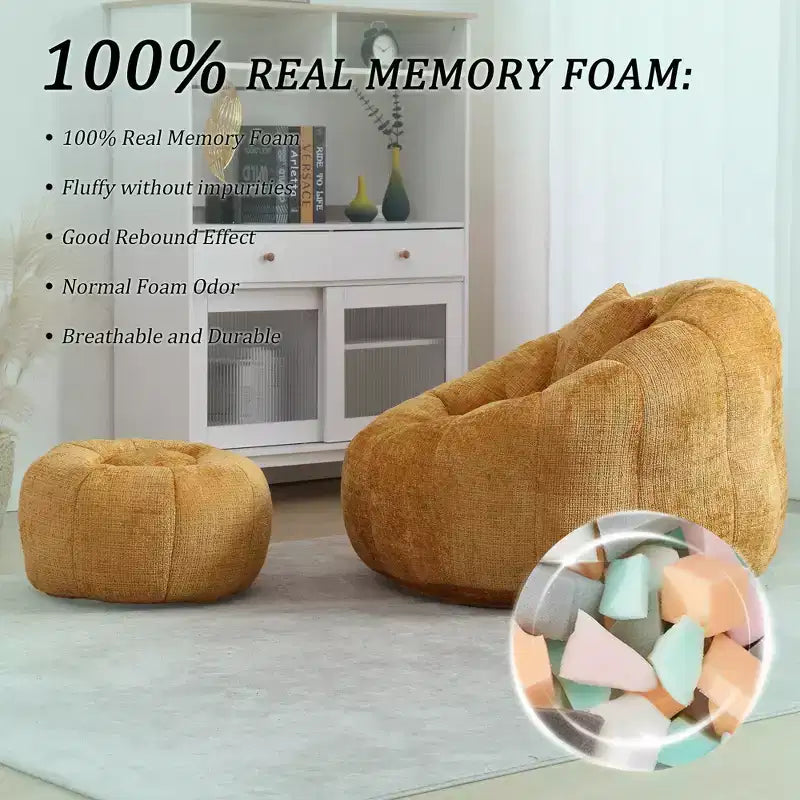 Pouf Géant Moderne, Fauteuil Rond Confortable pour Adultes avec Repose-pieds, Fauteuil de Lecture Individuel Relaxant avec Oreiller pour Salon, Chambre