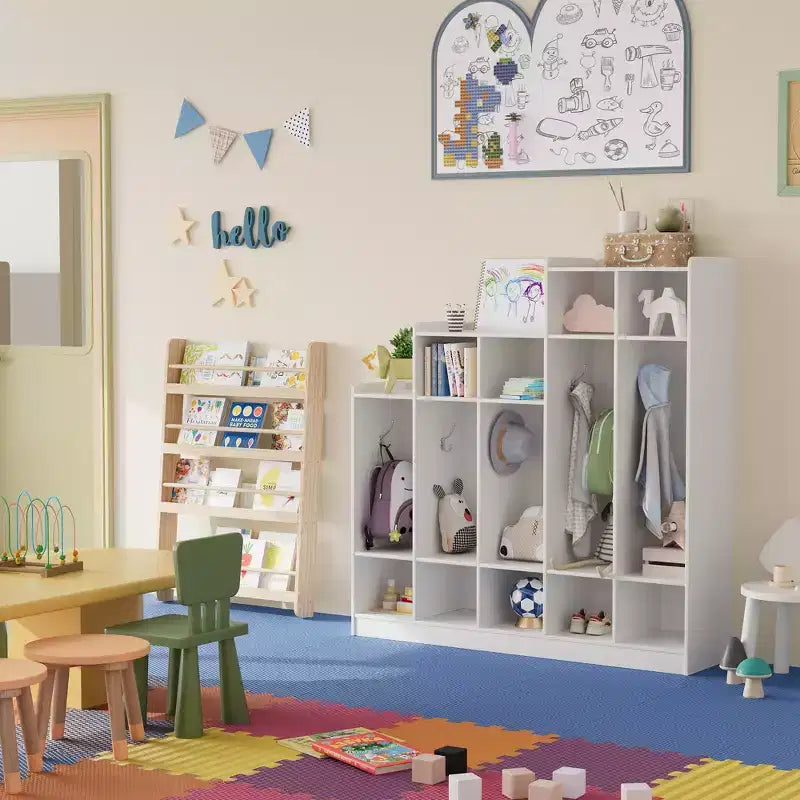 Vestiaire de classe à 5 sections avec 9 casiers et 10 crochets, organisateur de rangement pour enfants en crèche, maternelle, maison, bois naturel