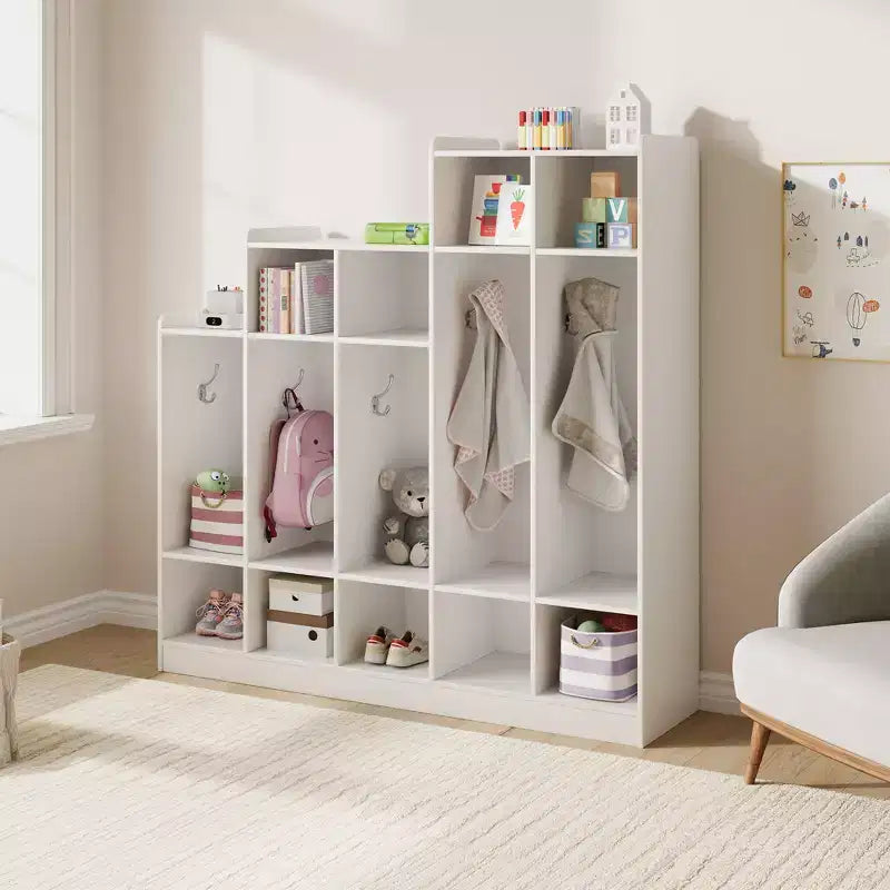 Vestiaire de classe à 5 sections avec 9 casiers et 10 crochets, organisateur de rangement pour enfants en crèche, maternelle, maison, bois naturel