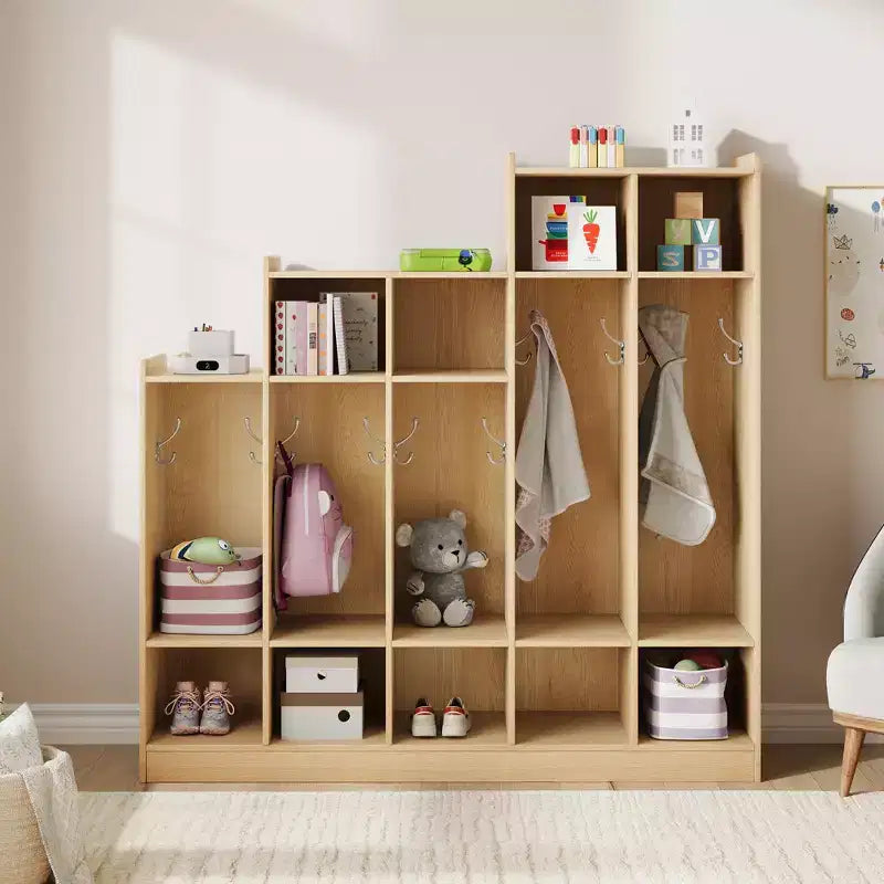 Vestiaire de classe à 5 sections avec 9 casiers et 10 crochets, organisateur de rangement pour enfants en crèche, maternelle, maison, bois naturel