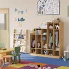 Vestiaire de classe à 5 sections avec 9 casiers et 10 crochets, organisateur de rangement pour enfants en crèche, maternelle, maison, bois naturel