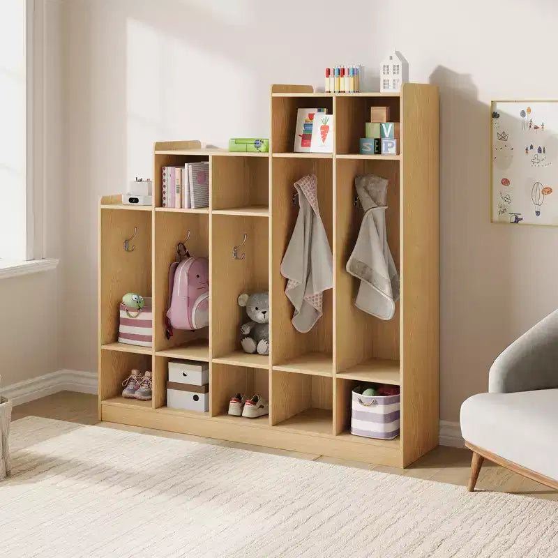Vestiaire de classe à 5 sections avec 9 casiers et 10 crochets, organisateur de rangement pour enfants en crèche, maternelle, maison, bois naturel