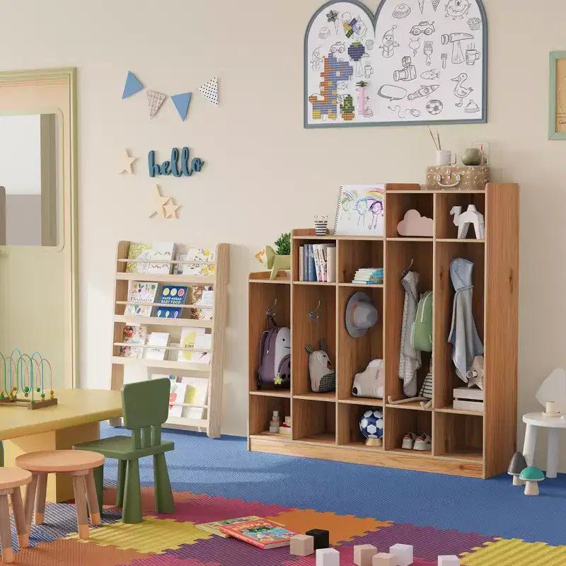 Vestiaire de classe à 5 sections avec 9 casiers et 10 crochets, organisateur de rangement pour enfants en crèche, maternelle, maison, bois naturel