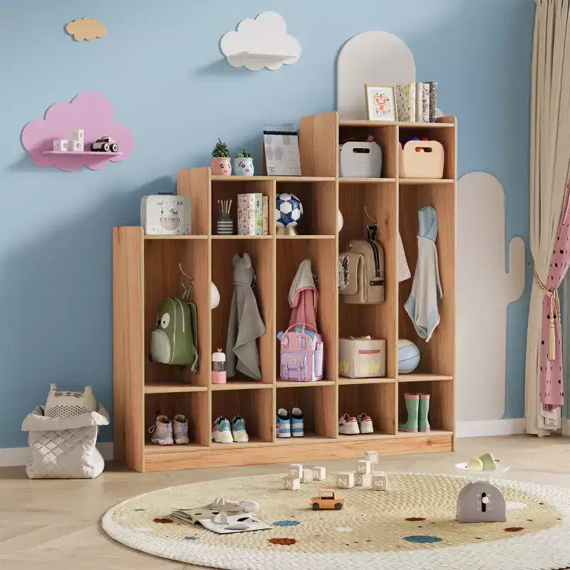 Vestiaire de classe à 5 sections avec 9 casiers et 10 crochets, organisateur de rangement pour enfants en crèche, maternelle, maison, bois naturel