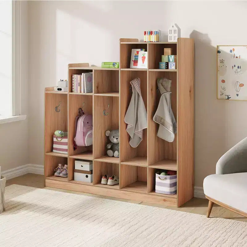 Vestiaire de classe à 5 sections avec 9 casiers et 10 crochets, organisateur de rangement pour enfants en crèche, maternelle, maison, bois naturel