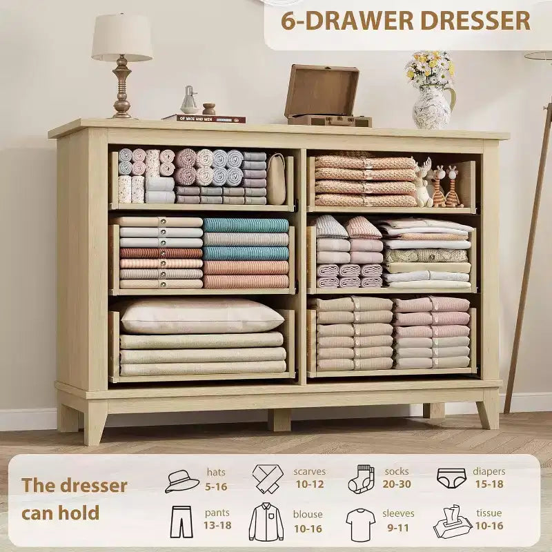 Commode à 6 tiroirs de 120 cm de large pour chambre à coucher, armoire de rangement en bois pour salon, entrée, chêne naturel
