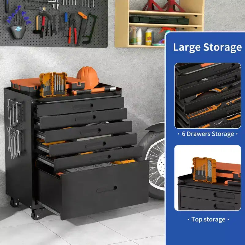 Servante à roulettes 6 tiroirs – Meuble de rangement mobile robuste en acier pour garage, noir