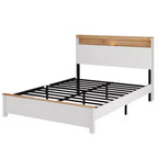 Cadre de lit plateforme avec station de recharge, tête de lit de rangement et éclairage LED – Blanc antique