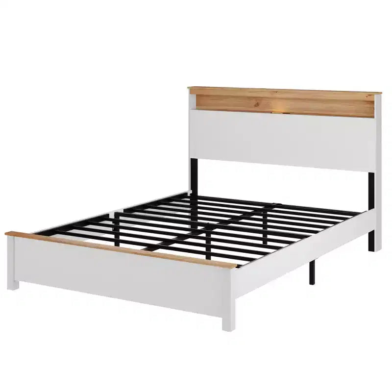 Cadre de lit plateforme avec station de recharge, tête de lit de rangement et éclairage LED – Blanc antique