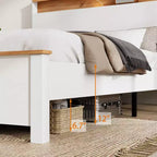 Cadre de lit plateforme avec station de recharge, tête de lit de rangement et éclairage LED – Blanc antique