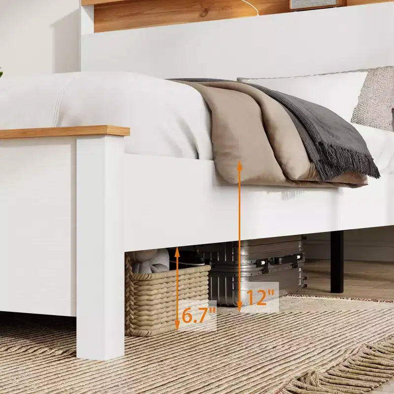 Cadre de lit plateforme avec station de recharge, tête de lit de rangement et éclairage LED – Blanc antique