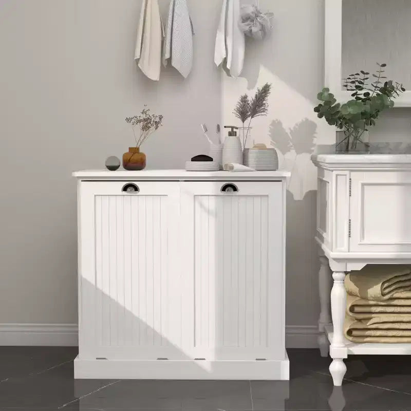 Meuble de tri de linge à bascule à deux compartiments avec rangement dissimulé