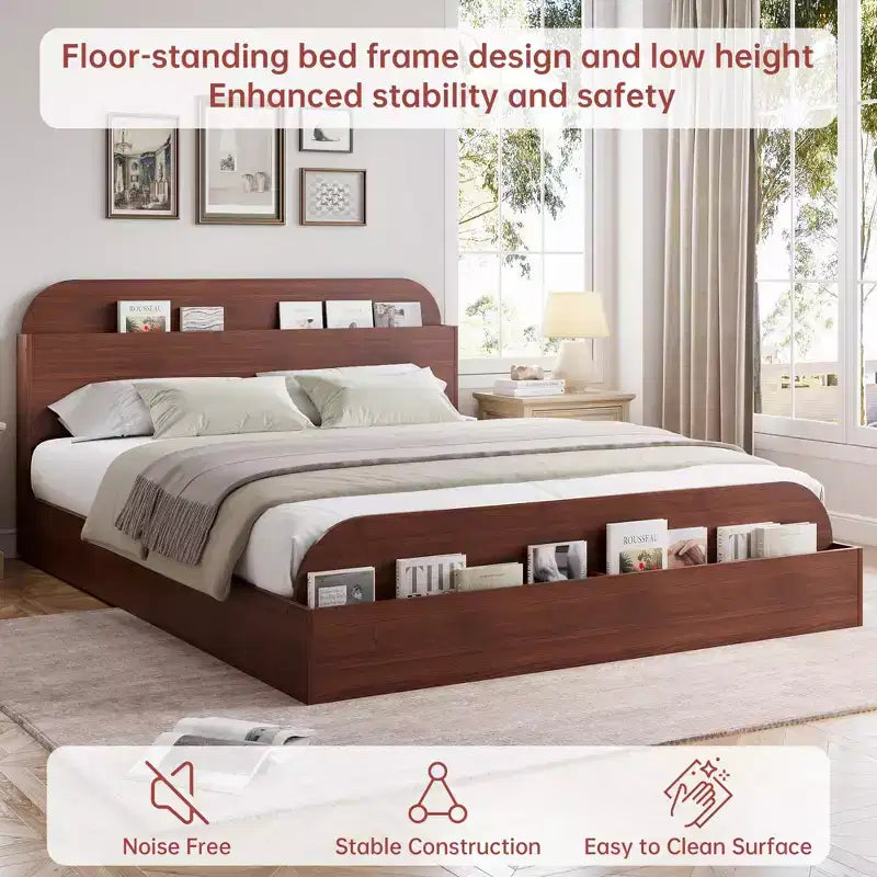 Cadre de lit Queen Size, lits en bois avec tête de lit de rangement et pied de lit surélevé, lit plateforme basse à double étage pour chambre à coucher, aucun sommier tapissier requis