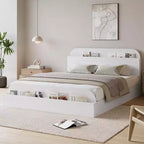 Cadre de lit Queen Size, lits en bois avec tête de lit de rangement et pied de lit surélevé, lit plateforme basse à double étage pour chambre à coucher, aucun sommier tapissier requis
