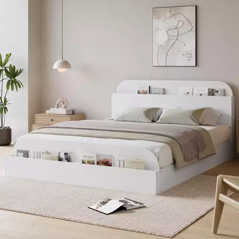 Cadre de lit Queen Size, lits en bois avec tête de lit de rangement et pied de lit surélevé, lit plateforme basse à double étage pour chambre à coucher, aucun sommier tapissier requis