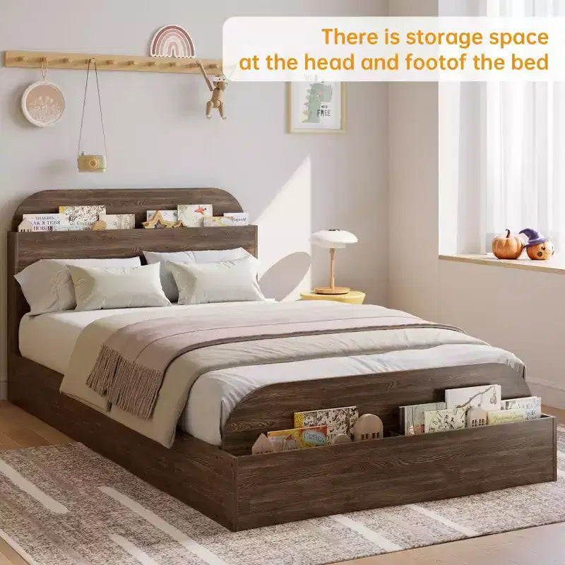 Cadre de lit Queen Size, lits en bois avec tête de lit de rangement et pied de lit surélevé, lit plateforme basse à double étage pour chambre à coucher, aucun sommier tapissier requis