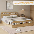 Cadre de lit Queen Size, lits en bois avec tête de lit de rangement et pied de lit surélevé, lit plateforme basse à double étage pour chambre à coucher, aucun sommier tapissier requis