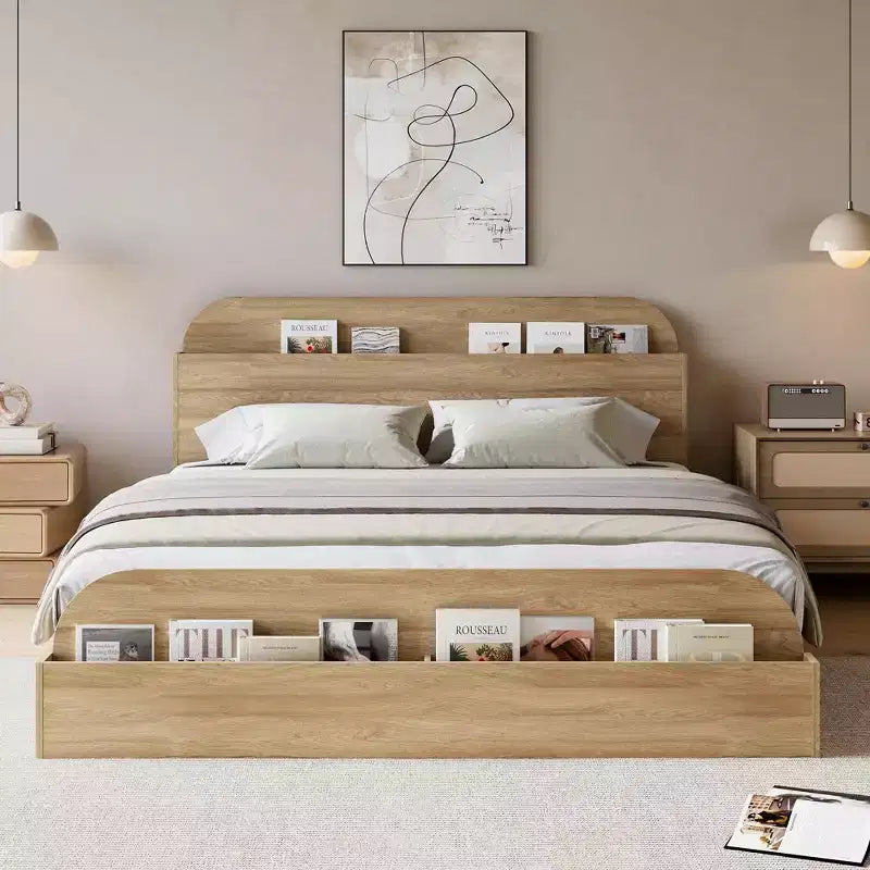 Cadre de lit Queen Size, lits en bois avec tête de lit de rangement et pied de lit surélevé, lit plateforme basse à double étage pour chambre à coucher, aucun sommier tapissier requis