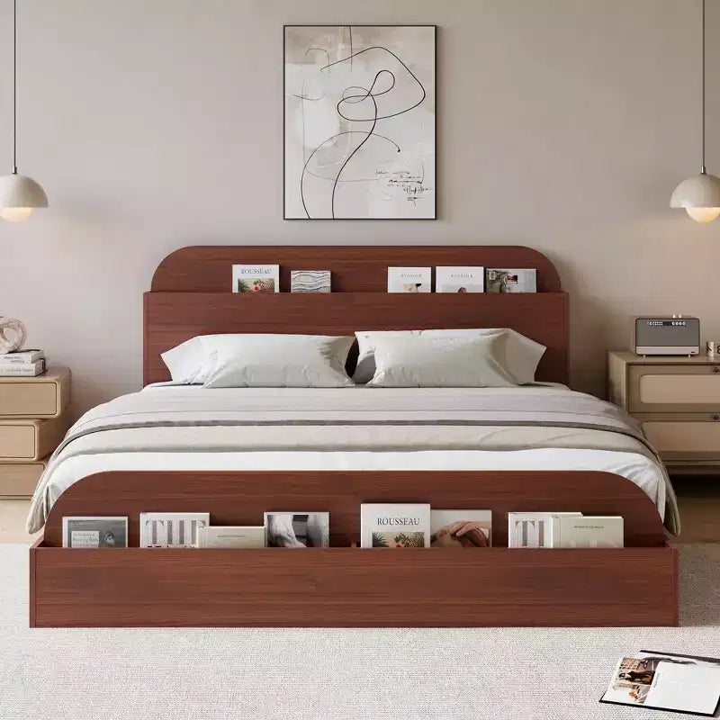 Cadre de lit Queen Size, lits en bois avec tête de lit de rangement et pied de lit surélevé, lit plateforme basse à double étage pour chambre à coucher, aucun sommier tapissier requis