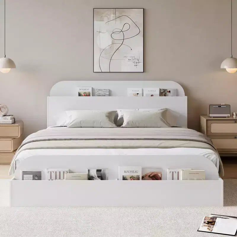 Cadre de lit Queen Size, lits en bois avec tête de lit de rangement et pied de lit surélevé, lit plateforme basse à double étage pour chambre à coucher, aucun sommier tapissier requis