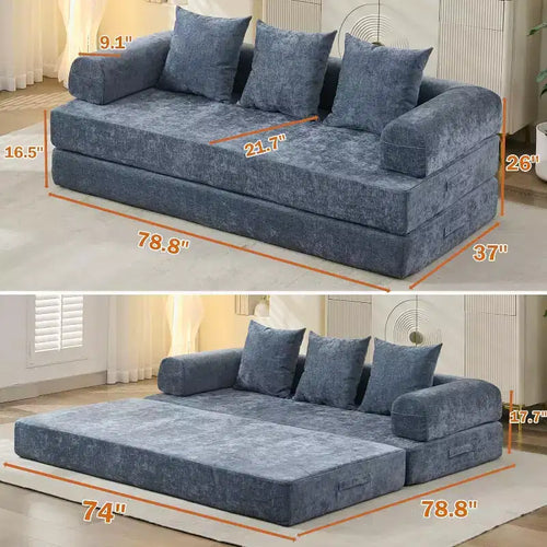 Canapé-lit convertible 4-en-1, Canapé-lit pliant au sol avec accoudoirs et oreiller, Aucun assemblage requis, Canapé confortable en mousse à mémoire de forme, Bleu