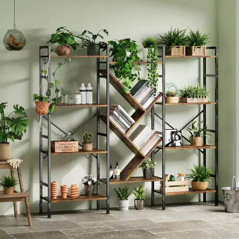 Étagère en bois rustique à 5 niveaux C A-Noir + finition rétro C Grande étagère de présentation pour chambre/salon/bureau (1 paquet)