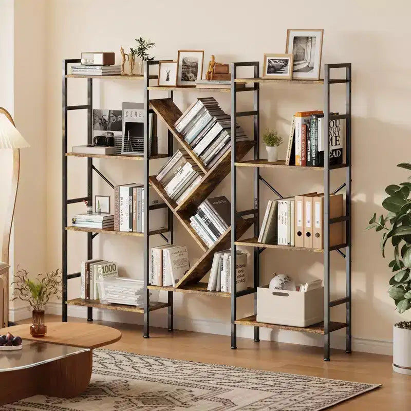 Étagère en bois rustique à 5 niveaux C A-Noir + finition rétro C Grande étagère de présentation pour chambre/salon/bureau (1 paquet)