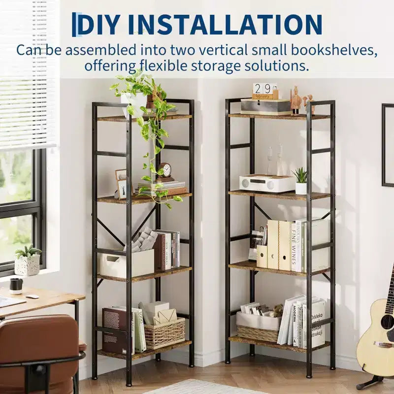Étagère en bois rustique à 5 niveaux C A-Noir + finition rétro C Grande étagère de présentation pour chambre/salon/bureau (1 paquet)