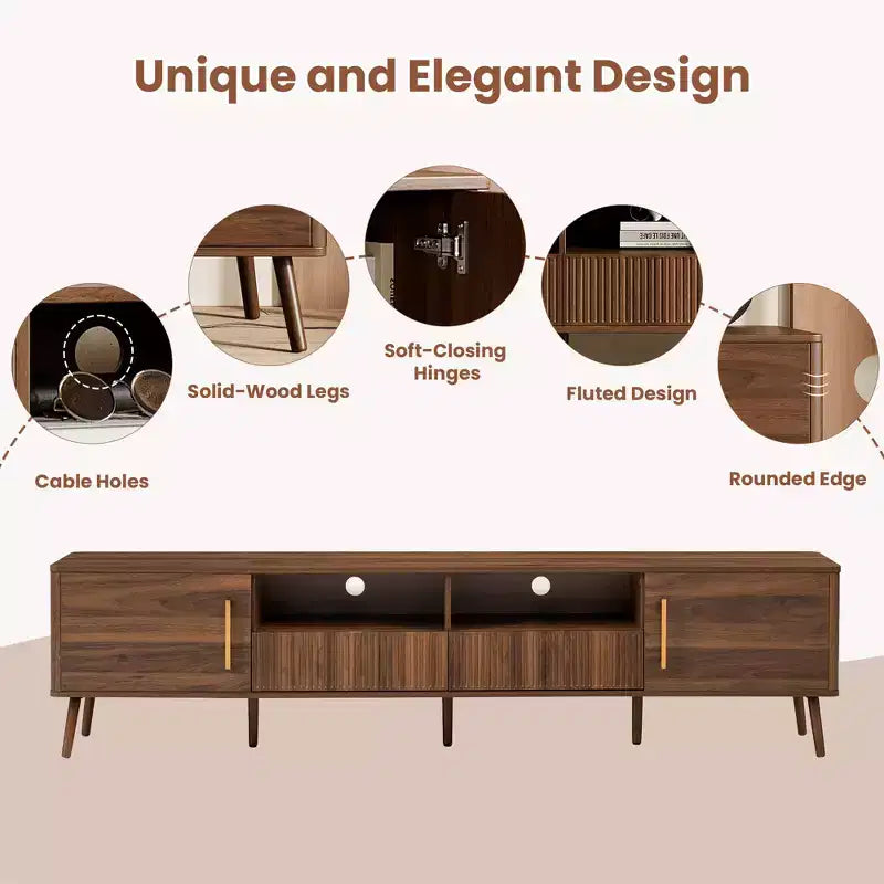 Meuble TV moderne de 198 cm en bois avec portes à fermeture douce et étagère ouverte