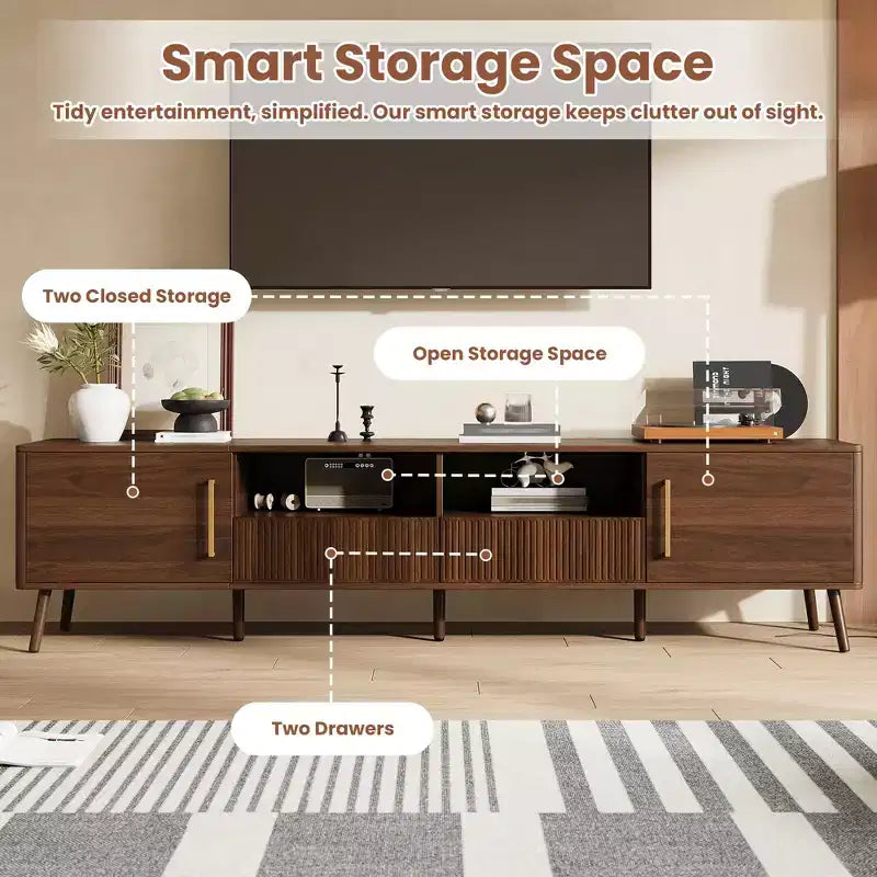 Meuble TV moderne de 198 cm en bois avec portes à fermeture douce et étagère ouverte