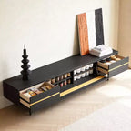 86,61 Meuble TV noir moderne pour téléviseur de 90 pouces, console multimédia avec 2 tiroirs, accents dorés, meuble de divertissement Gaoyangjiaju