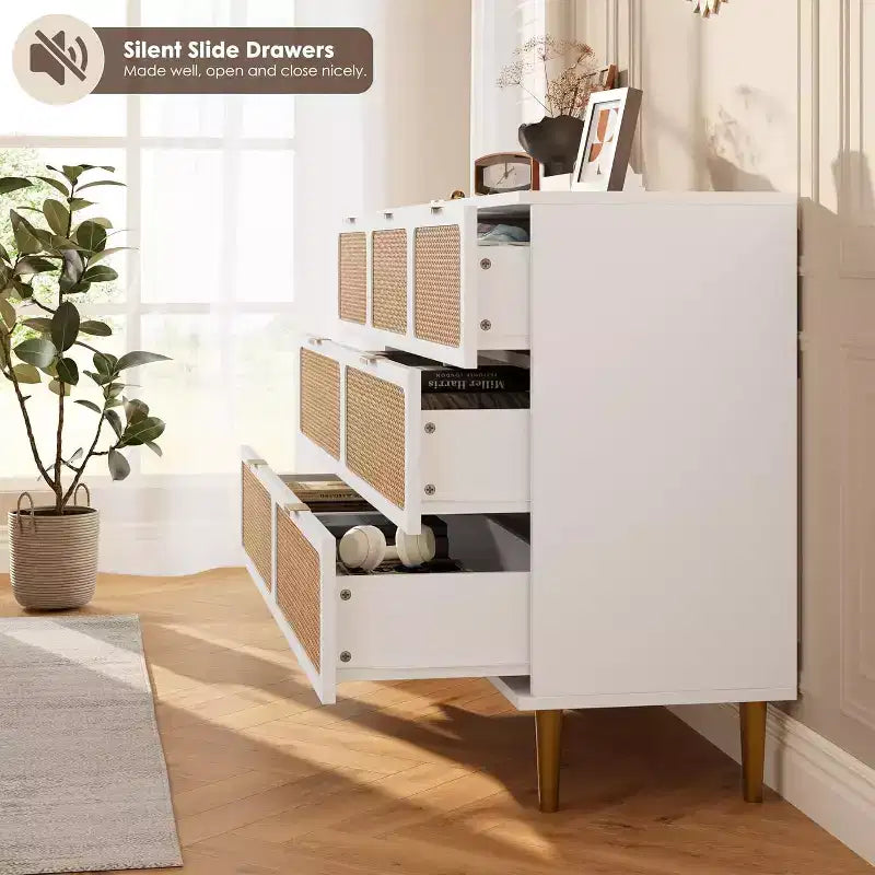 Commode 7 tiroirs en rotin pour chambre à coucher, commode haute avec tiroirs profonds, grande commode pour placard avec plateau large, commode en bois pour salon