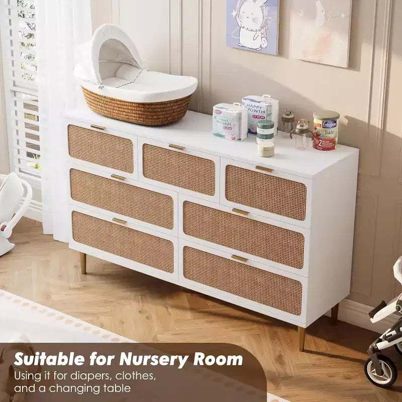 Commode 7 tiroirs en rotin pour chambre à coucher, commode haute avec tiroirs profonds, grande commode pour placard avec plateau large, commode en bois pour salon