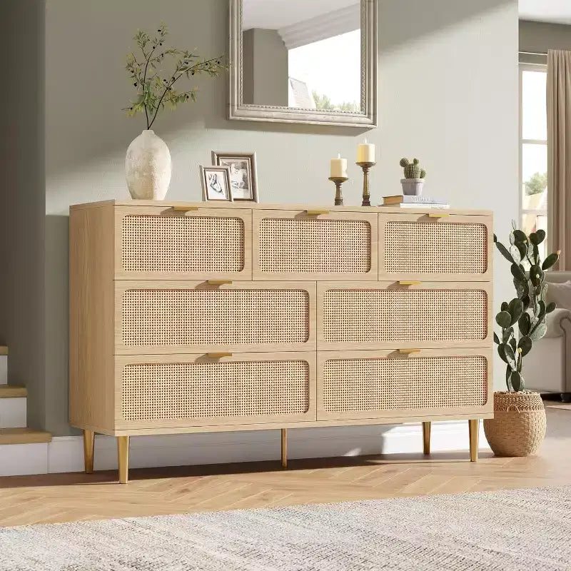 Commode 7 tiroirs en rotin pour chambre à coucher, commode haute avec tiroirs profonds, grande commode pour placard avec plateau large, commode en bois pour salon