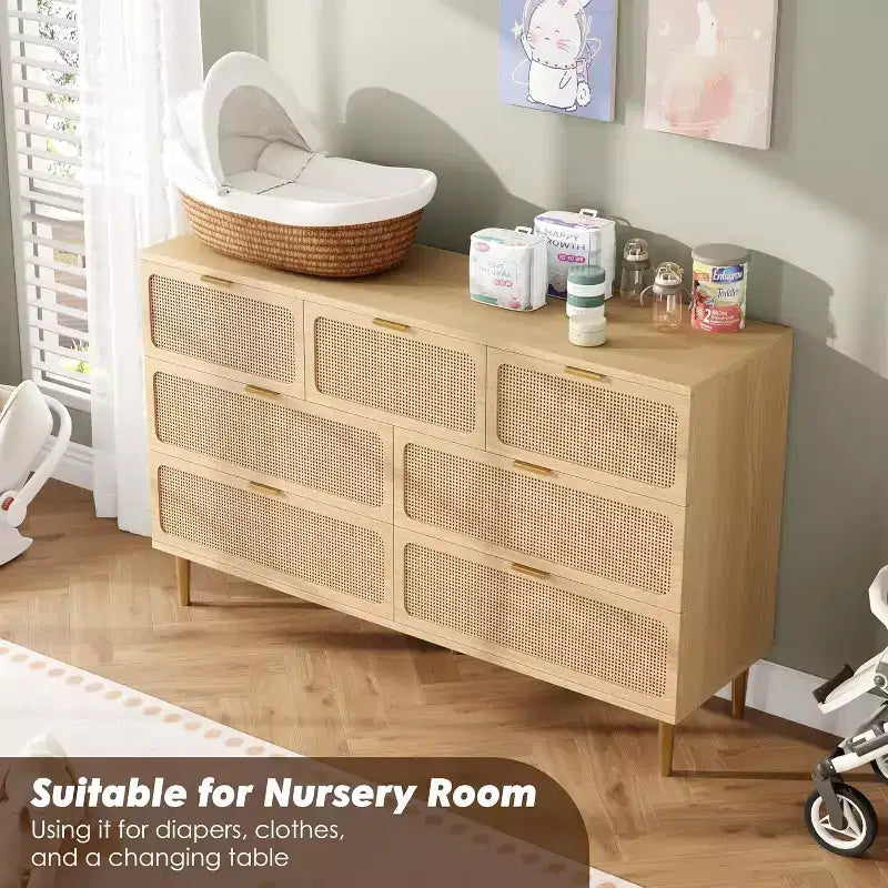 Commode 7 tiroirs en rotin pour chambre à coucher, commode haute avec tiroirs profonds, grande commode pour placard avec plateau large, commode en bois pour salon