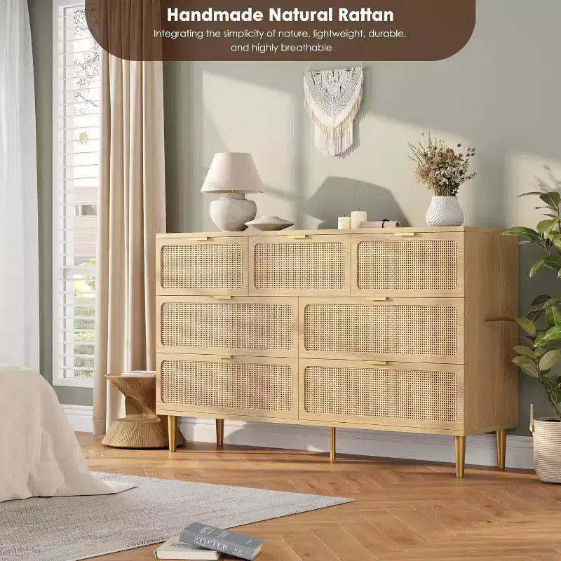 Commode 7 tiroirs en rotin pour chambre à coucher, commode haute avec tiroirs profonds, grande commode pour placard avec plateau large, commode en bois pour salon